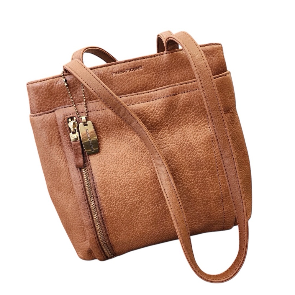 EVAN PICONE Vintage Brown Leather Handbag Purse - Ladies Camel Clr Shoulder Bag - Picture 12 of 16